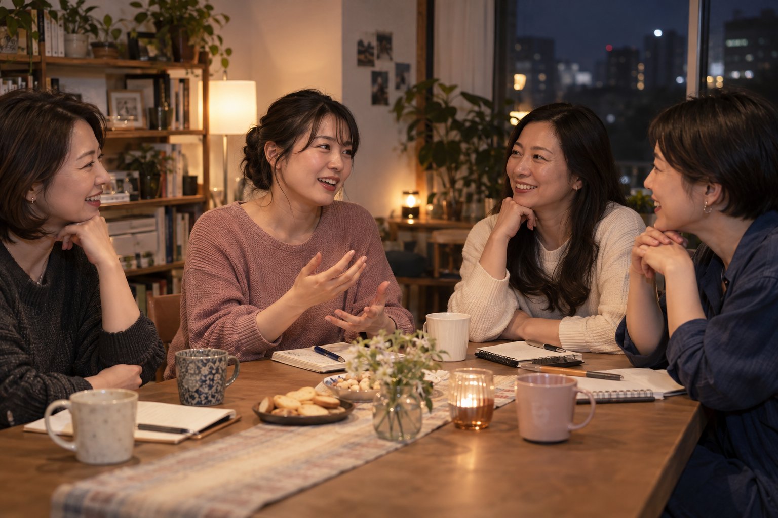 夜の落ち着いた場所で女性同士が本音を語り合うイメージ